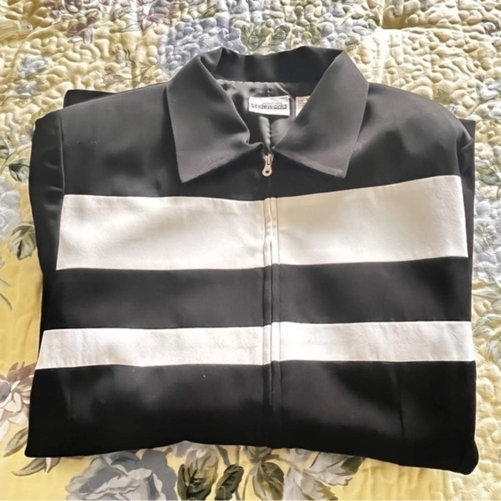 Newport News Styleworks Black White Jacket Women Small Zip Faux Pocket Lined VTG - Picture 9 of 10